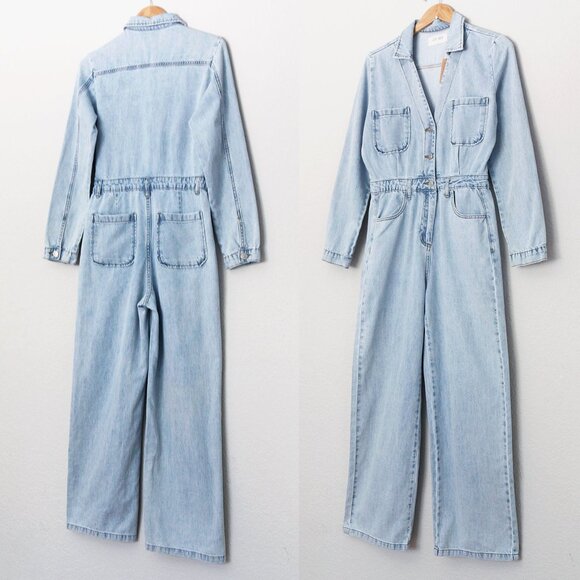 NEW Lov Mor Light Blue Wash Denim Wide Leg Jumpsuit S Cotton Blend High Waist - Picture 4 of 14